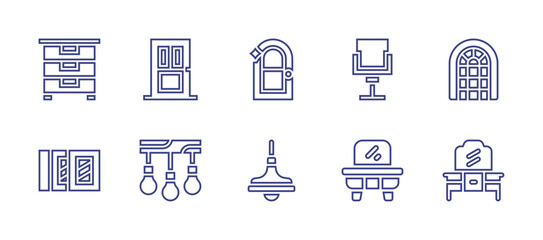 Home furniture line icon set. Editable stroke. Vector illustration. Containing lamp, window, door, dressing table, chair, dresser, commode, chandelier.