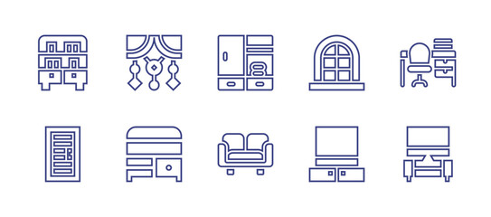 Home furniture line icon set. Editable stroke. Vector illustration. Containing sofa, home entertainment system, wardrobe, window, decoration, door, buffet, work space, watching tv, bookcase.