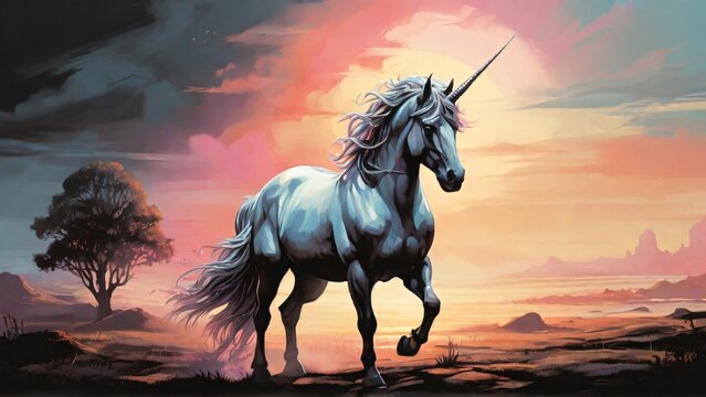 Image of a unicorn in a landscape, pastel color palette, hard black shadows, high contrast colors, vintage, retro style