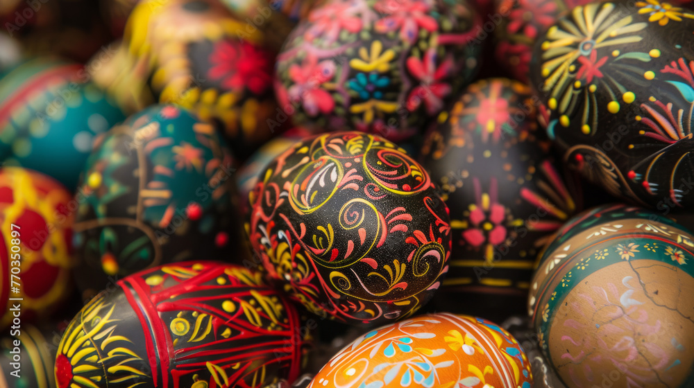 Poster a close-up image showing a heap of exquisitely painted easter eggs with intricate patterns
