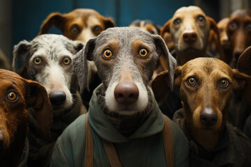 A diverse group of dogs of various breeds standing together in a curious manner, looking intently at something out of the frame. The attentive gazes of the dogs create a compelling and engaging scene. - obrazy, fototapety, plakaty