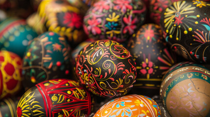Fototapeta na wymiar A close-up image showing a heap of exquisitely painted Easter eggs with intricate patterns