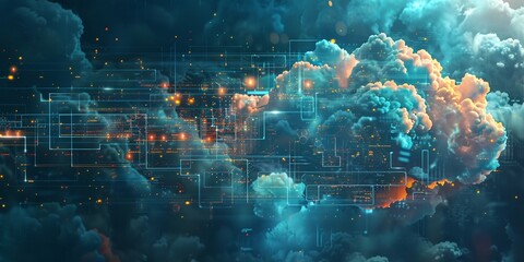Cloud computing and digital networks interlace, crafting the backbone of modern cyber infrastructure - obrazy, fototapety, plakaty