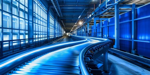 Conveyor belt in a warehouse bathed in blue light, packages moving efficiently, depicting seamless logistics