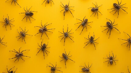 Funnel-web spiders on a yellow background. Dangerous insect. - obrazy, fototapety, plakaty