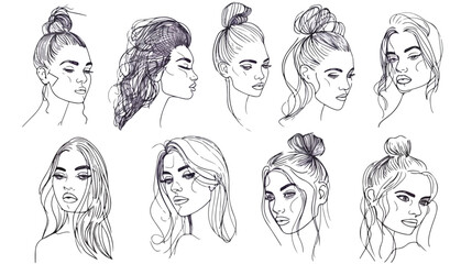Continuous line drawing of set faces and hairstyle fas