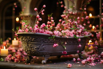 A vintage cast iron bathtub is filled with fragrant pink flowers, creating a serene and relaxing spa atmosphere. The elegant setting is perfect for spa and wellness concepts.