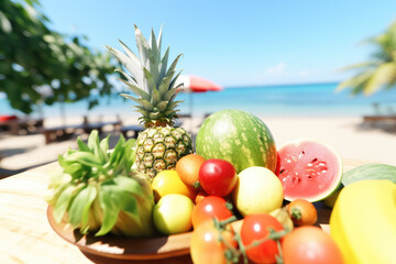 Vibrant and colorful still life composition featuring a variety of fresh fruits arranged on the sandy beach of a beautiful ocean coast, evoking a sense of freshness and relaxation.