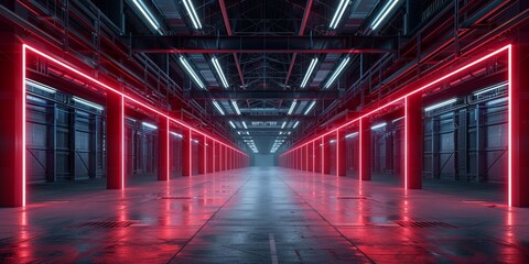 Neon symmetry in an industrial setting, conveying the precision and efficiency of modern logistics - obrazy, fototapety, plakaty