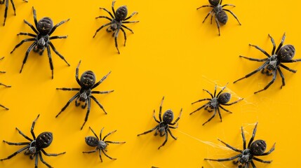 Funnel-web spiders on a yellow background. Dangerous insect. - obrazy, fototapety, plakaty