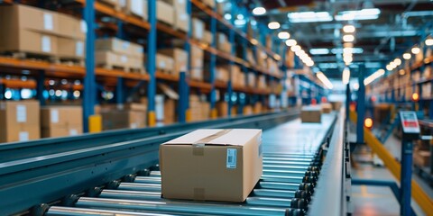 Packages stream along a conveyor in a bluelit warehouse, capturing the essence of nextgen logistics