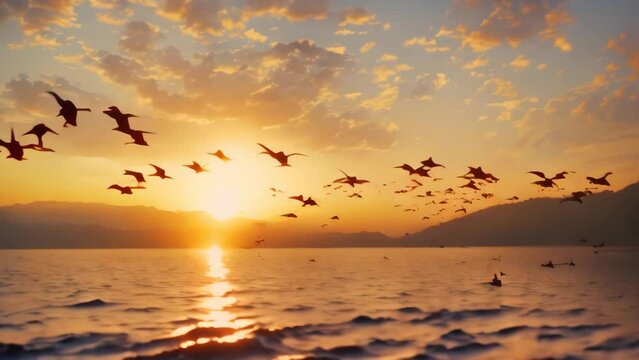 Birds in flight on the lake at sunset. 4k video animation