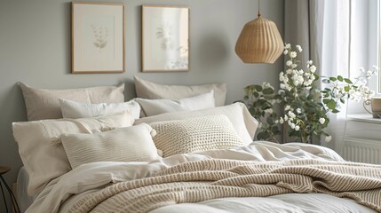 Cozy Interior Bedroom with Knitted Blanket and Natural Decor