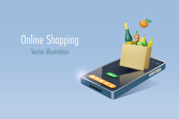 Online shopping grocery delivery service. Shopping bag with grocery products on mobile app. Express home delivery wireless technology. 3D vector.