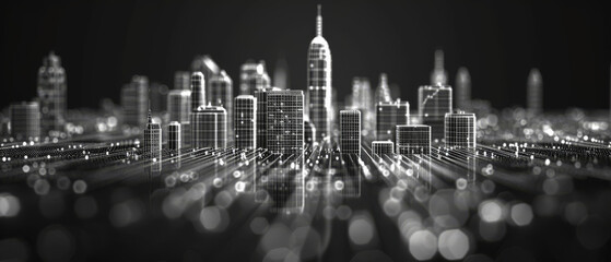 Wireframe cityscape, business districts and economic hubs, - obrazy, fototapety, plakaty