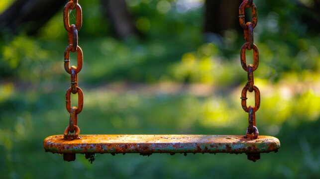 The worn handle of a swing set, warm from the summer sun, with the creaking sound of metal chains. --ar 16:9 Job ID: 05c45b7f-0e81-408b-a758-0460f62ed3d7
