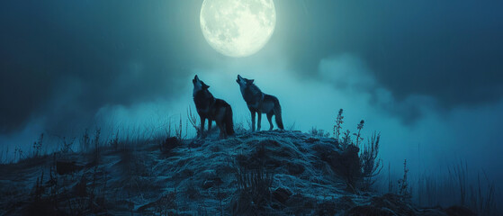 Wolves howling on a moonlit hill, communication and mystique - obrazy, fototapety, plakaty