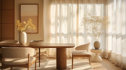 Modern Living Room Interior with Warm Sunlight and Elegant Decor