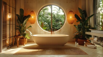 Fototapeta na wymiar Luxury Tropical Bathroom Interior with Oval Bathtub and Jungle View