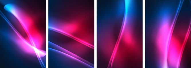 Neon Lines Waves. Abstract Background Poster Collection. Captivating array of vibrant designs, pulsating with dynamic energy against a dark backdrop. Explore the mesmerizing allure of neon waves