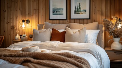 Cozy Bedroom Interior with Warm Lighting and Wooden Wall