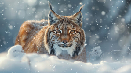 A lynx in the snow, forest backdrop gently blurred, - obrazy, fototapety, plakaty