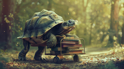 A turtle librarian with glasses, pushing a cart of books, - obrazy, fototapety, plakaty