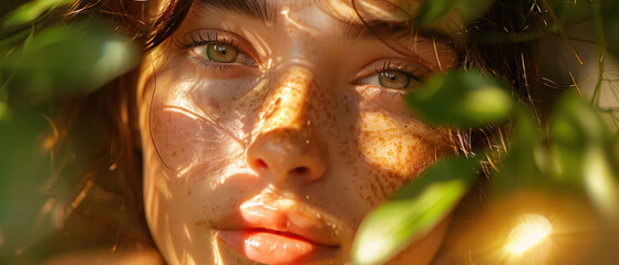 Fresh face amidst nature, close-up, dewy skin, natural light, serene background, close-up - obrazy, fototapety, plakaty