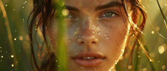 Fresh face amidst nature, close-up, dewy skin, natural light, serene background, close-up - obrazy, fototapety, plakaty