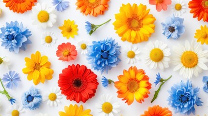 Various bright and colorful flowers scattered on a clean white surface