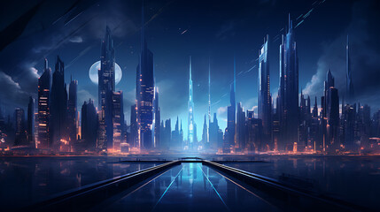  Nighttime skyline of city with futuristic 