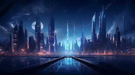 Raamstickers  Nighttime skyline of city with futuristic  © Sajid