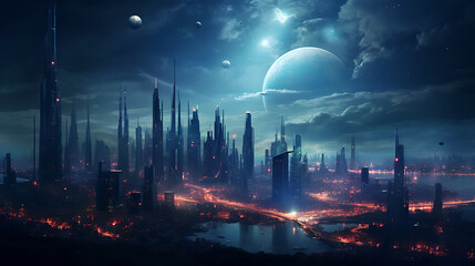  Nighttime skyline of city with futuristic  - obrazy, fototapety, plakaty