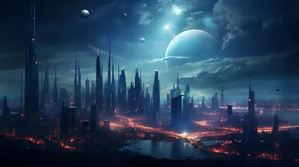 Fotobehang  Nighttime skyline of city with futuristic  © Sajid