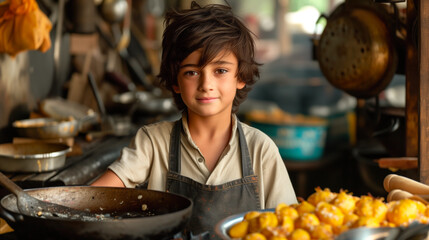 Young aspiring chef with passion for cooking creating a meal in a home kitchen.