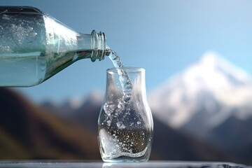 Sparkling Mineral Water Pouring into Glass with Mountain Backdrop - obrazy, fototapety, plakaty
