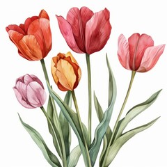 beautiful tulip clipart in different shades of pink, red, and orange,watercolor illustration, white background