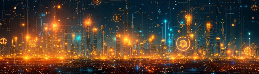 A digital landscape illustrating the mining and circulation of cryptocurrencies, with a focus on energy and innovation