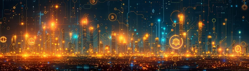Foto op Canvas A digital landscape illustrating the mining and circulation of cryptocurrencies, with a focus on energy and innovation © akarawit
