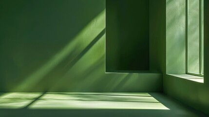 Abstract green studio background for product presentation. Backdrop with shadows of window for display product - generative ai