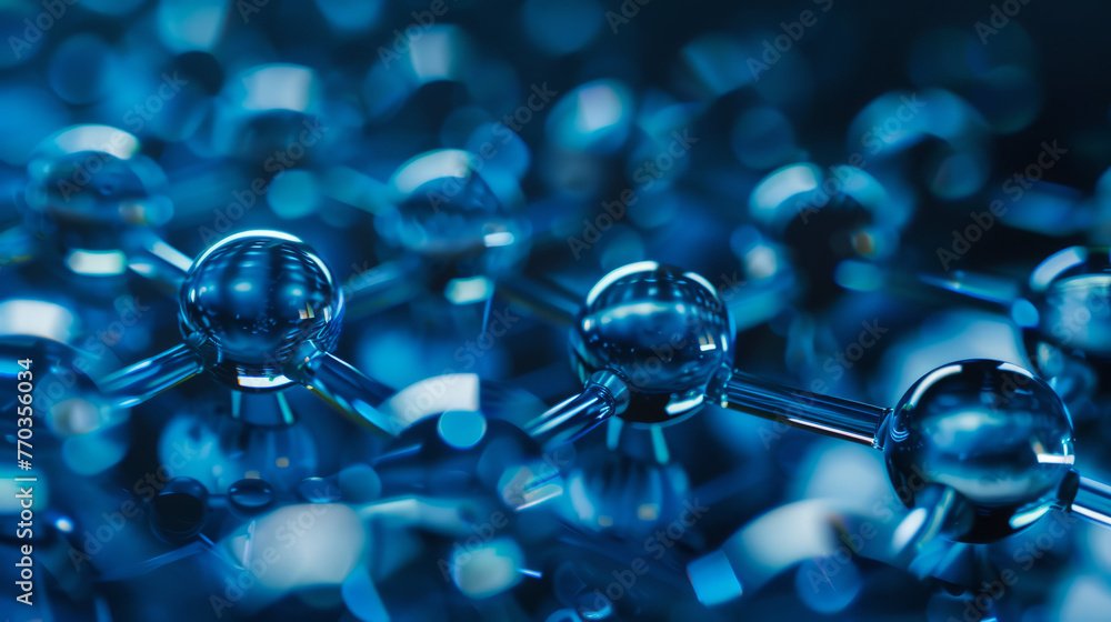 Poster this image presents a close-up view of a 3d render of spherical molecules interconnected with bonds