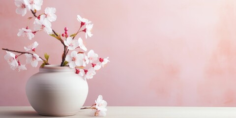 Cherry blossom flowers in a clay pot, pastel background 