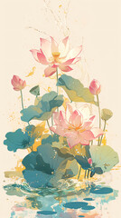 National trend Chinese style lotus landscape background illustration, twenty-four solar terms Beginning of Summer illustration