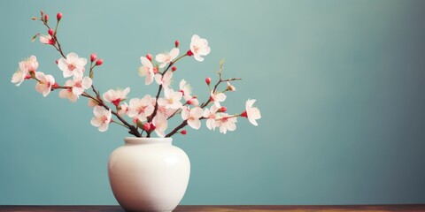 Cherry blossom flowers in a clay pot, pastel background 