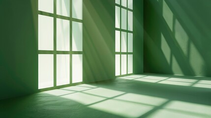 Abstract green studio background for product presentation. Backdrop with shadows of window for display product - generative ai