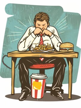 Illustrate the sedentary lifestyle and unhealthy dietary choices contributing to obesity, such as fast food and excessive sugar intake