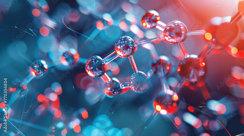 Poster striking 3d illustration of molecule structures with red and blue highlights representing connectivi