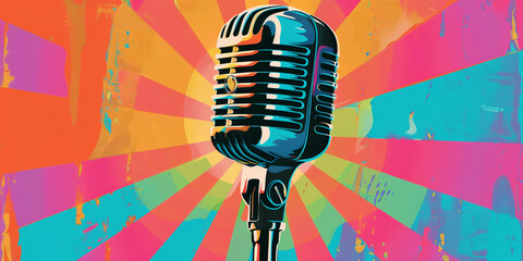 The bold colors of pop art frame a retro microphone, echoing the vibrancy of past melodies and artistic flair.
