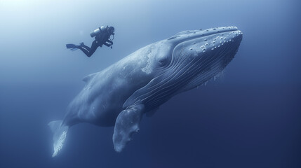 .whale with scuba diver in deep blue ocean..