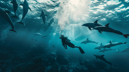 Diver and group of dolphins swimming in a tropical coral reef.